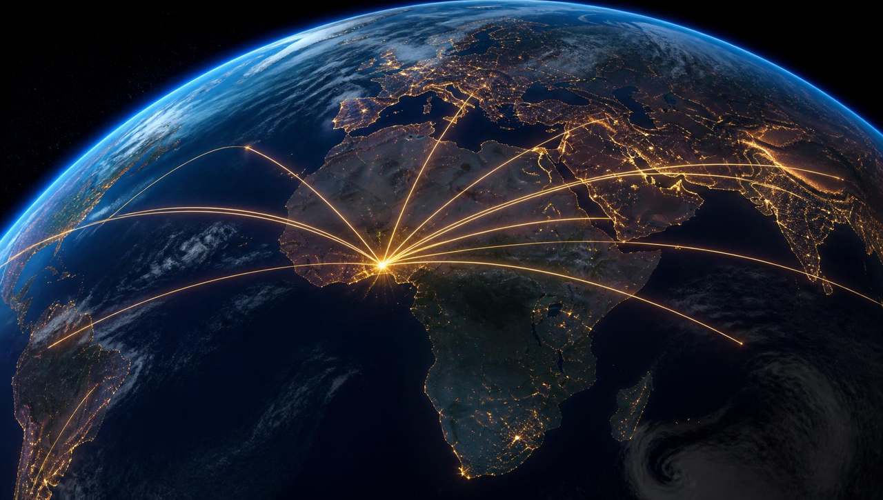Glowing export corridors radiating from Ghana across the globe